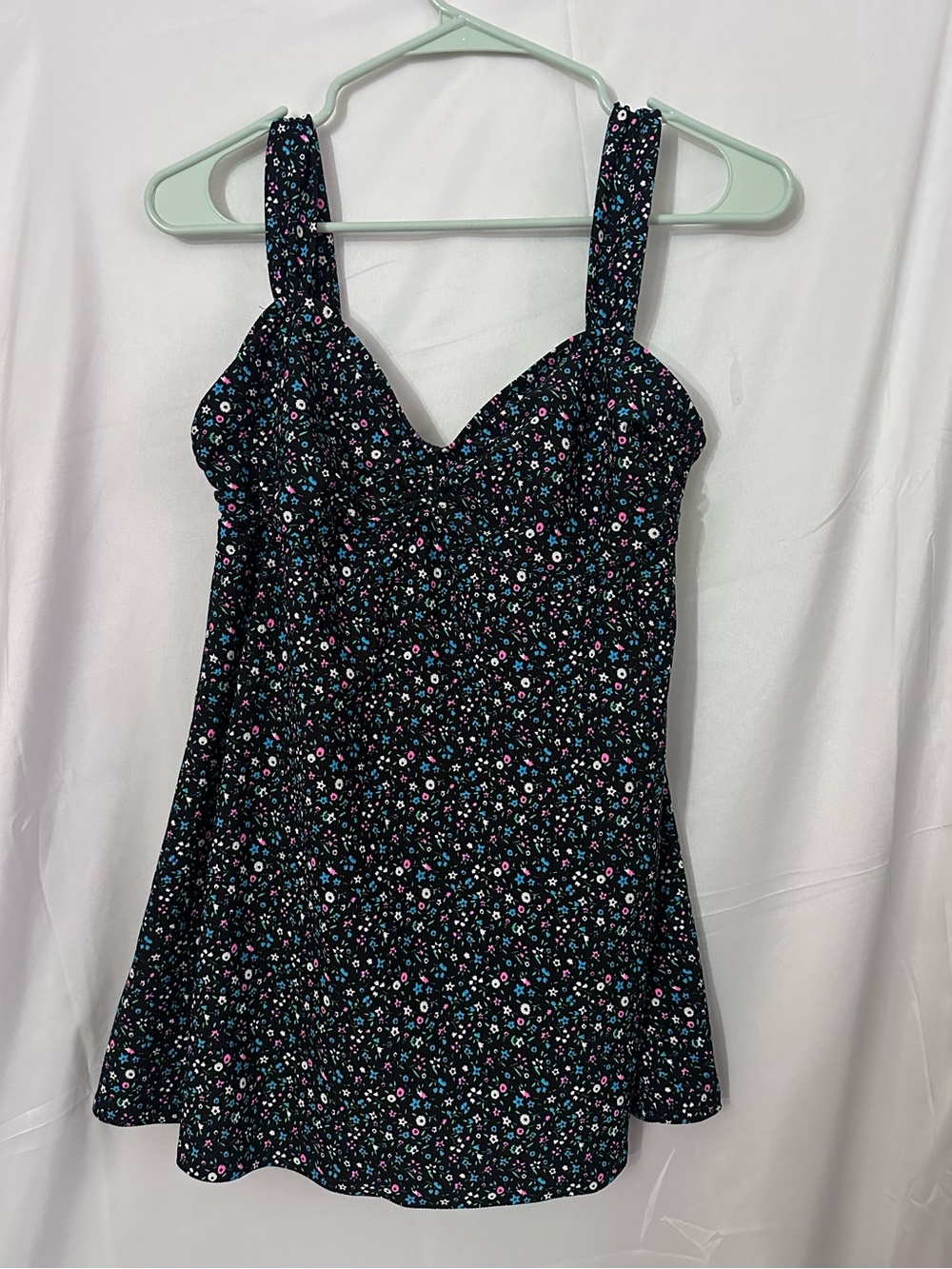 Black Floral One-Piece Swimdress with Sweetheart Neckline